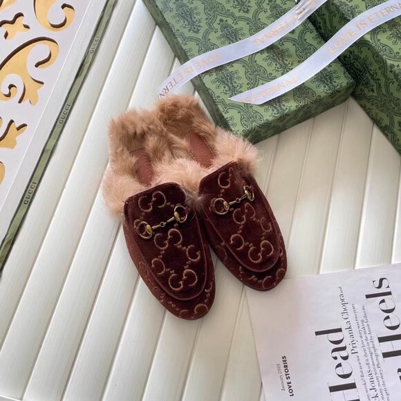Gucci Shoes - Gucci Velvet GG Mule Slippers with Fur Trim